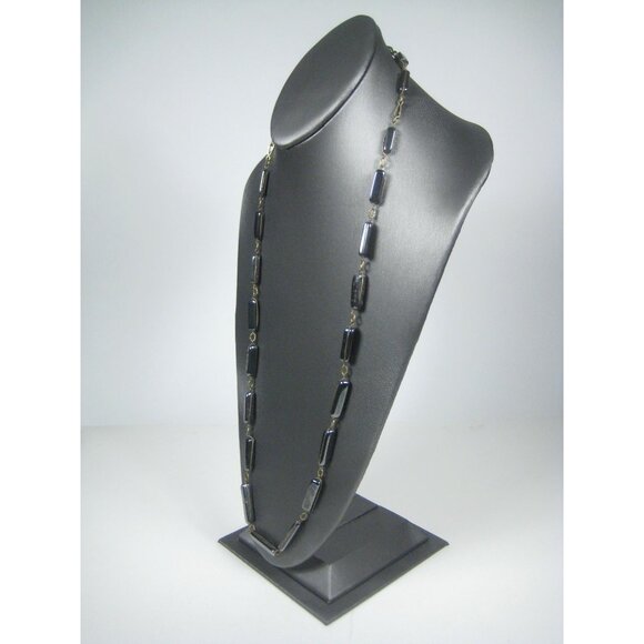 Hematite Stone Necklace Barrel Shaped Beads Metal Links 38 inch Strand - Picture 8 of 11